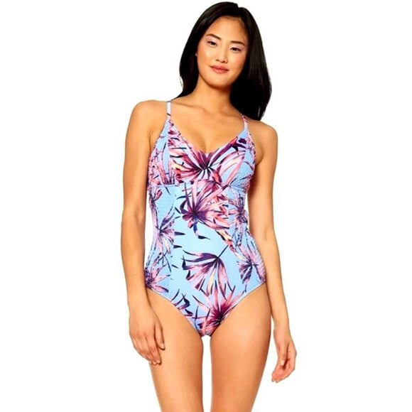 Jessica Simpson Med One-piece Swimwear V-Neck Tropical Swim Cross back Swimsuit - Picture 1 of 8